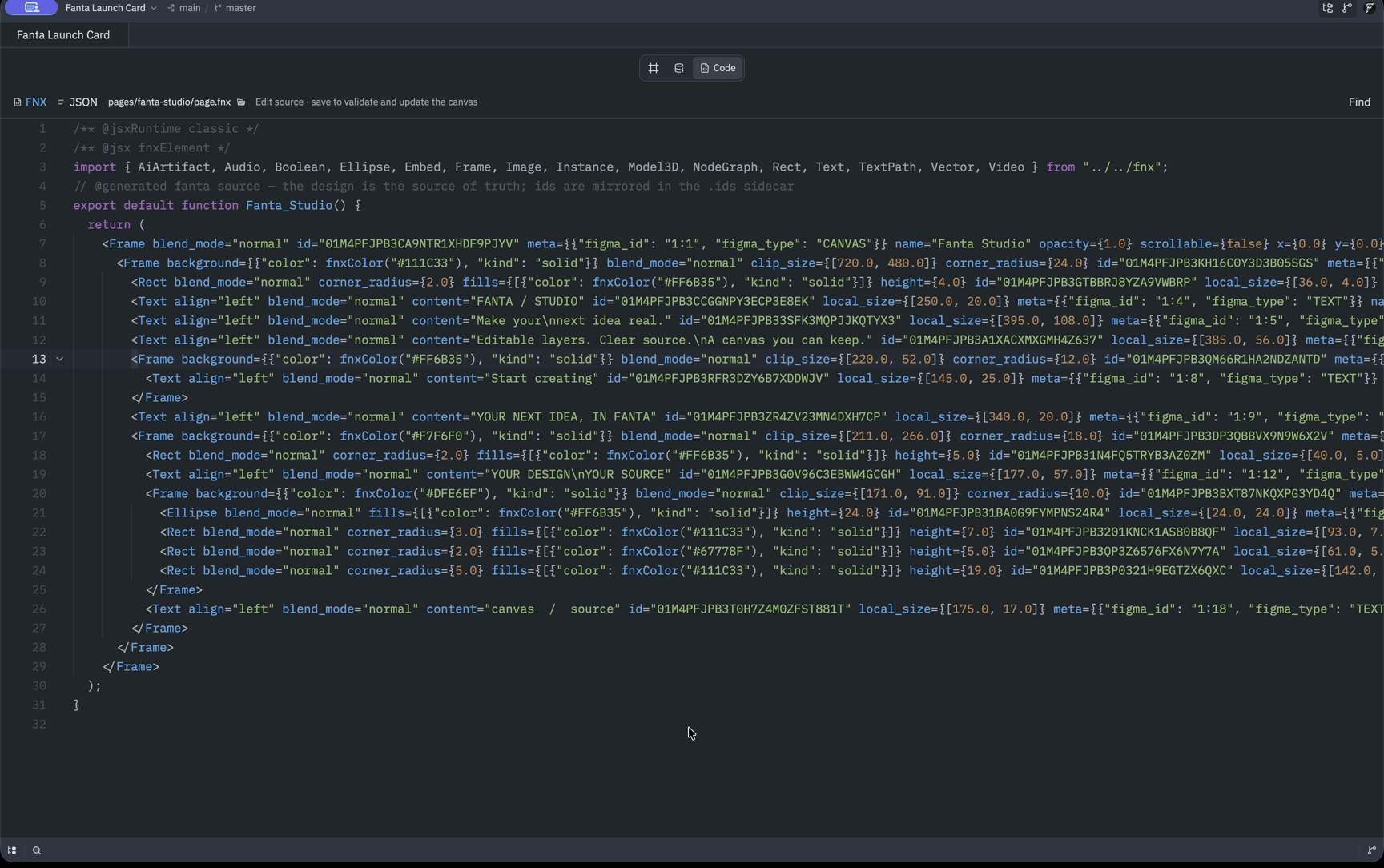 Fanta's Code workspace showing the source behind the Launch Card design