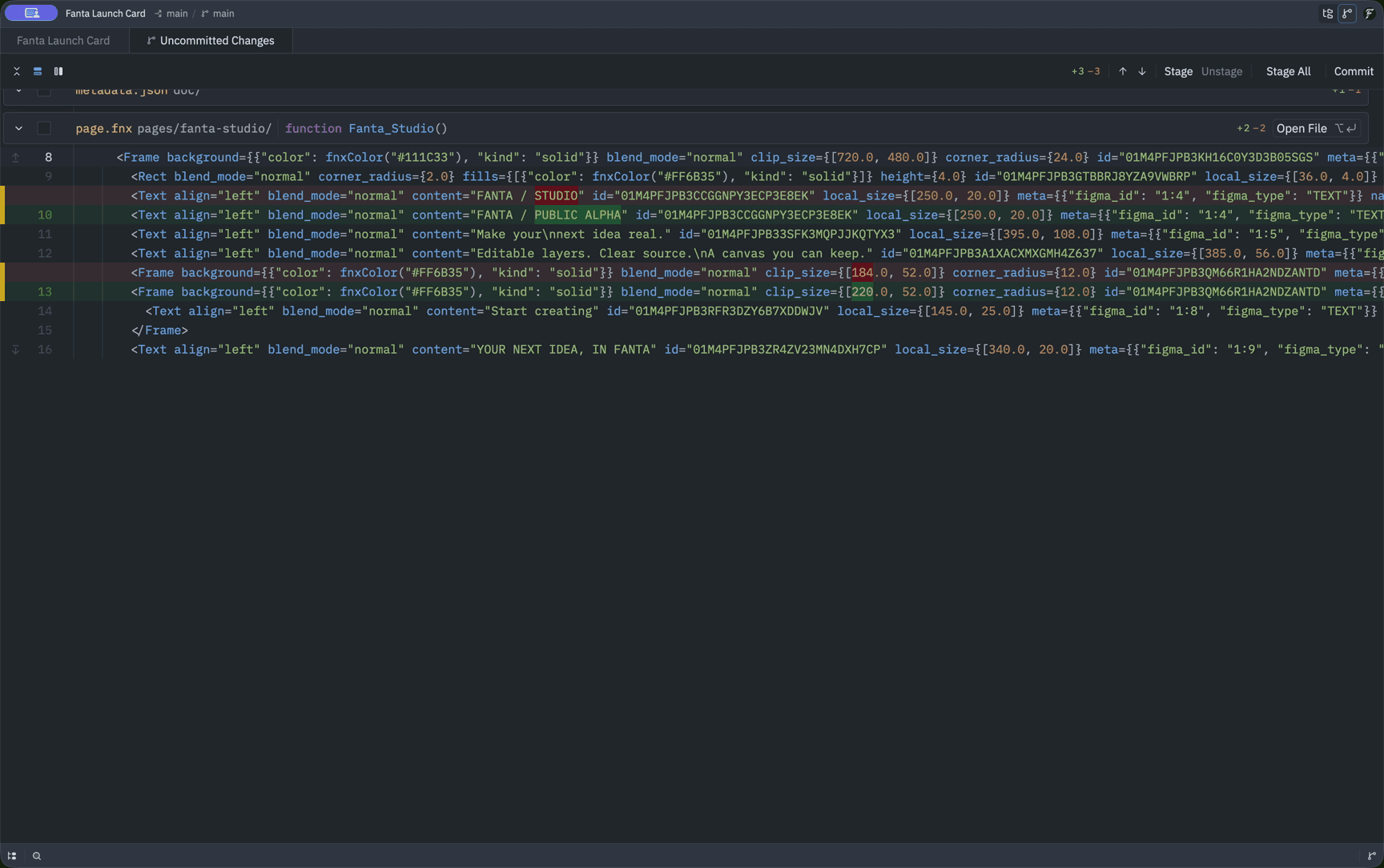 Fanta Review Changes showing a real Git diff of the Launch Card FNX.