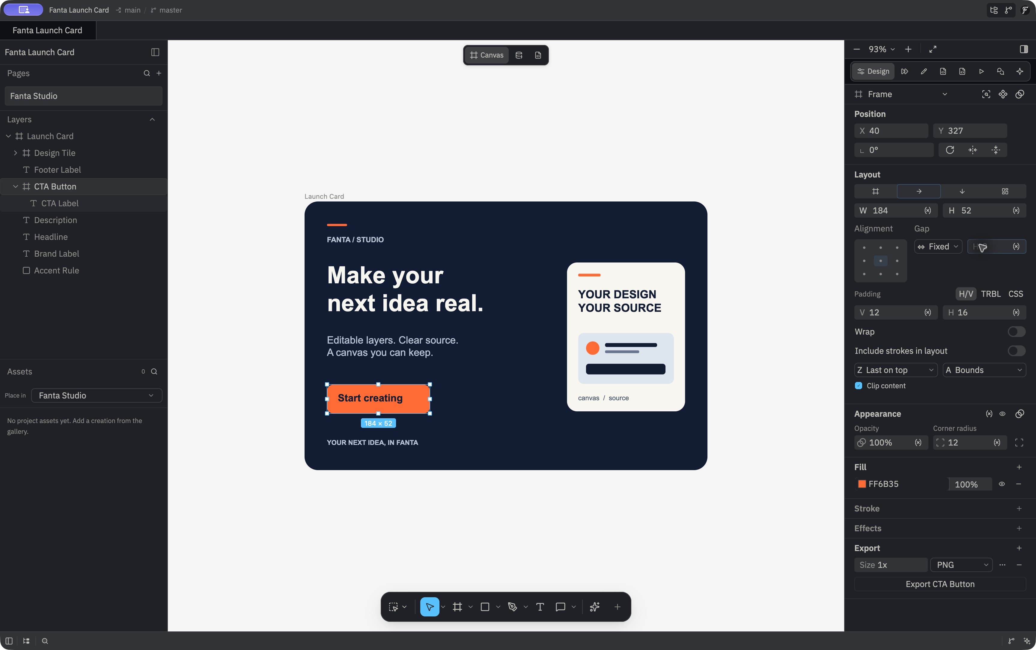 Fanta canvas with the Launch Card, native layers, and design inspector.