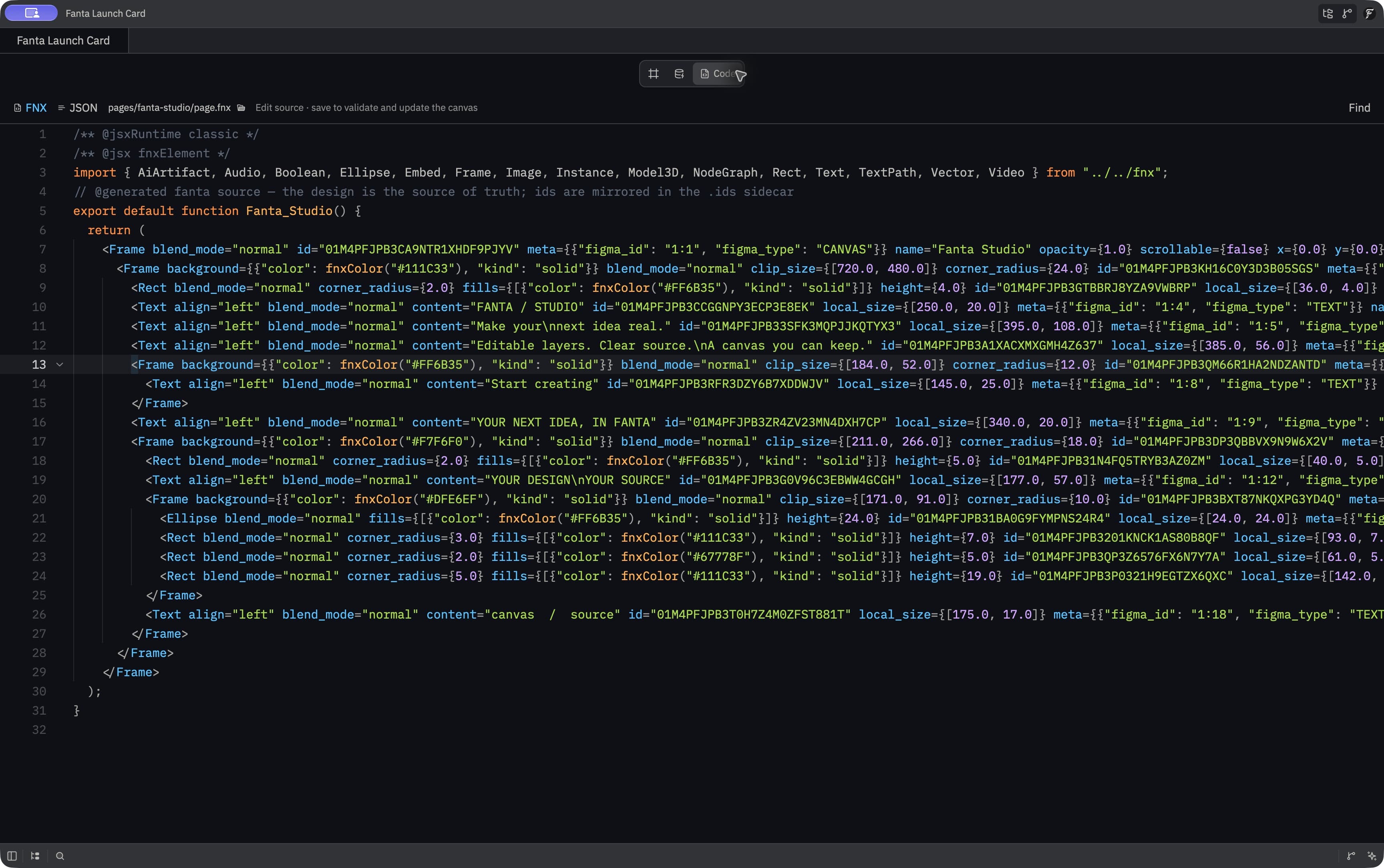 Fanta Code workspace showing the Launch Card page as FNX source.