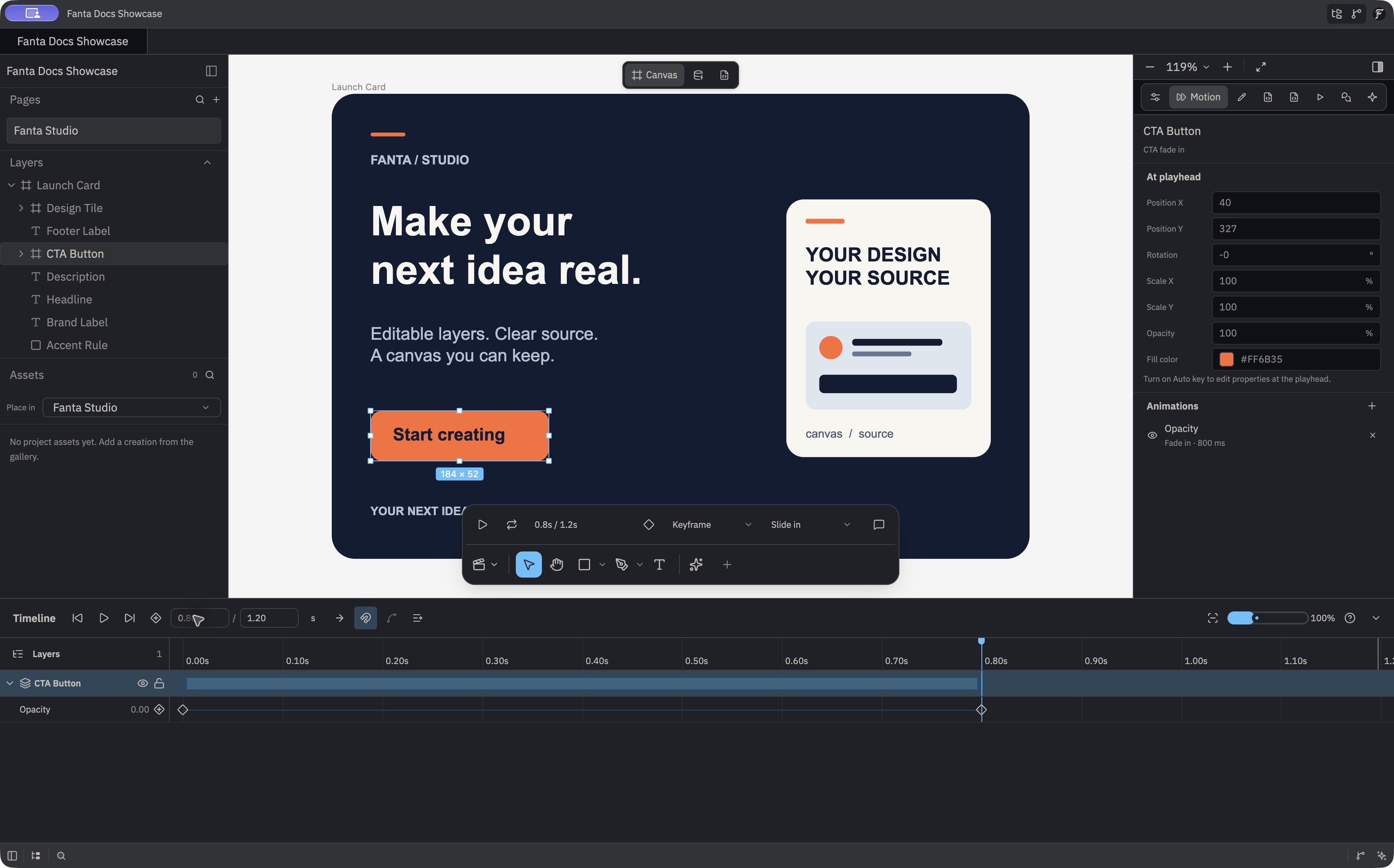 The native Fanta Motion workspace with CTA Button selected, an Opacity animation in the inspector, and its expanded Opacity track with two keyframes in the timeline below the canvas.