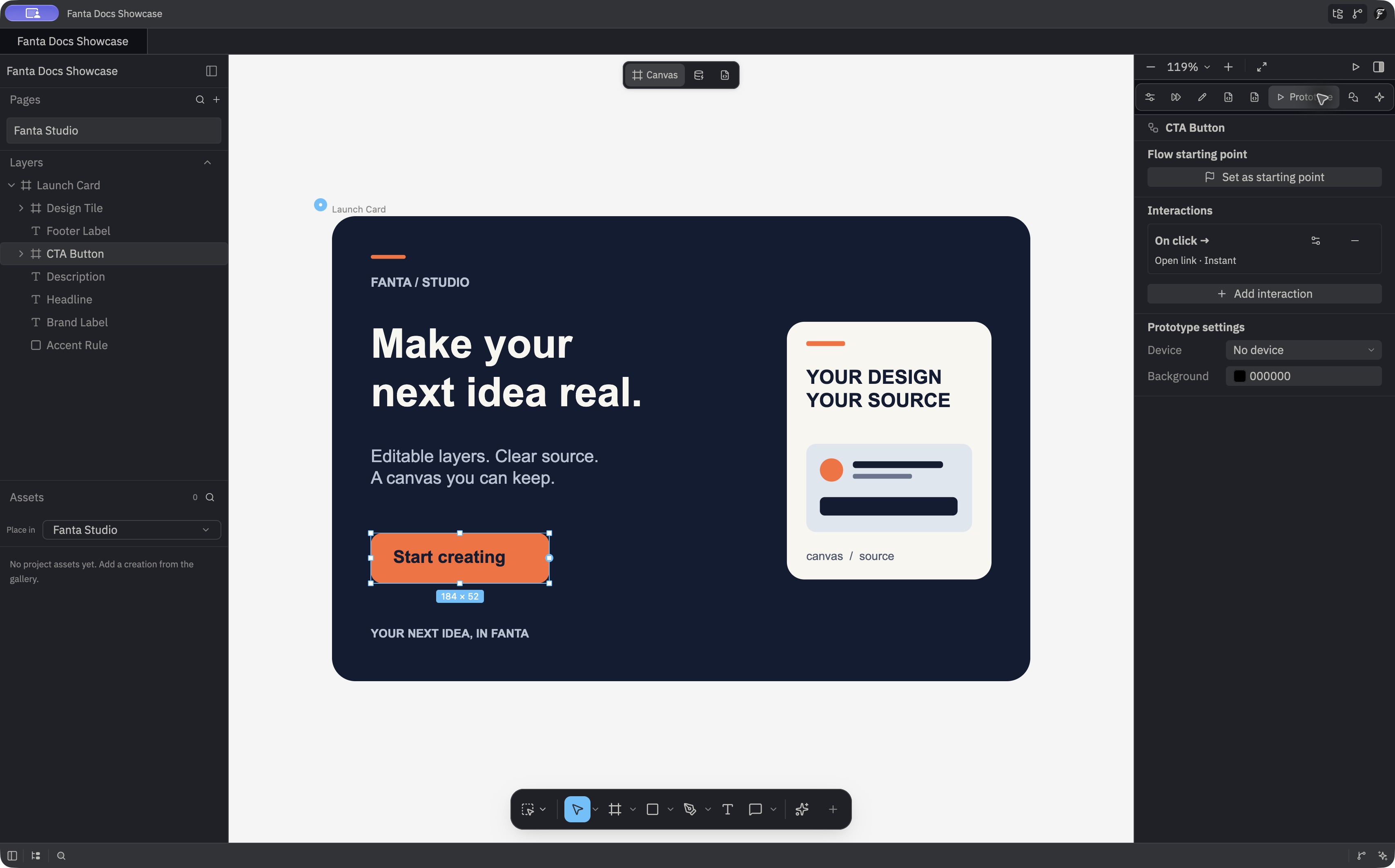 The native Prototype inspector for CTA Button, showing Flow starting point, an On click interaction with Open link and Instant, Add interaction, and prototype device and background settings.