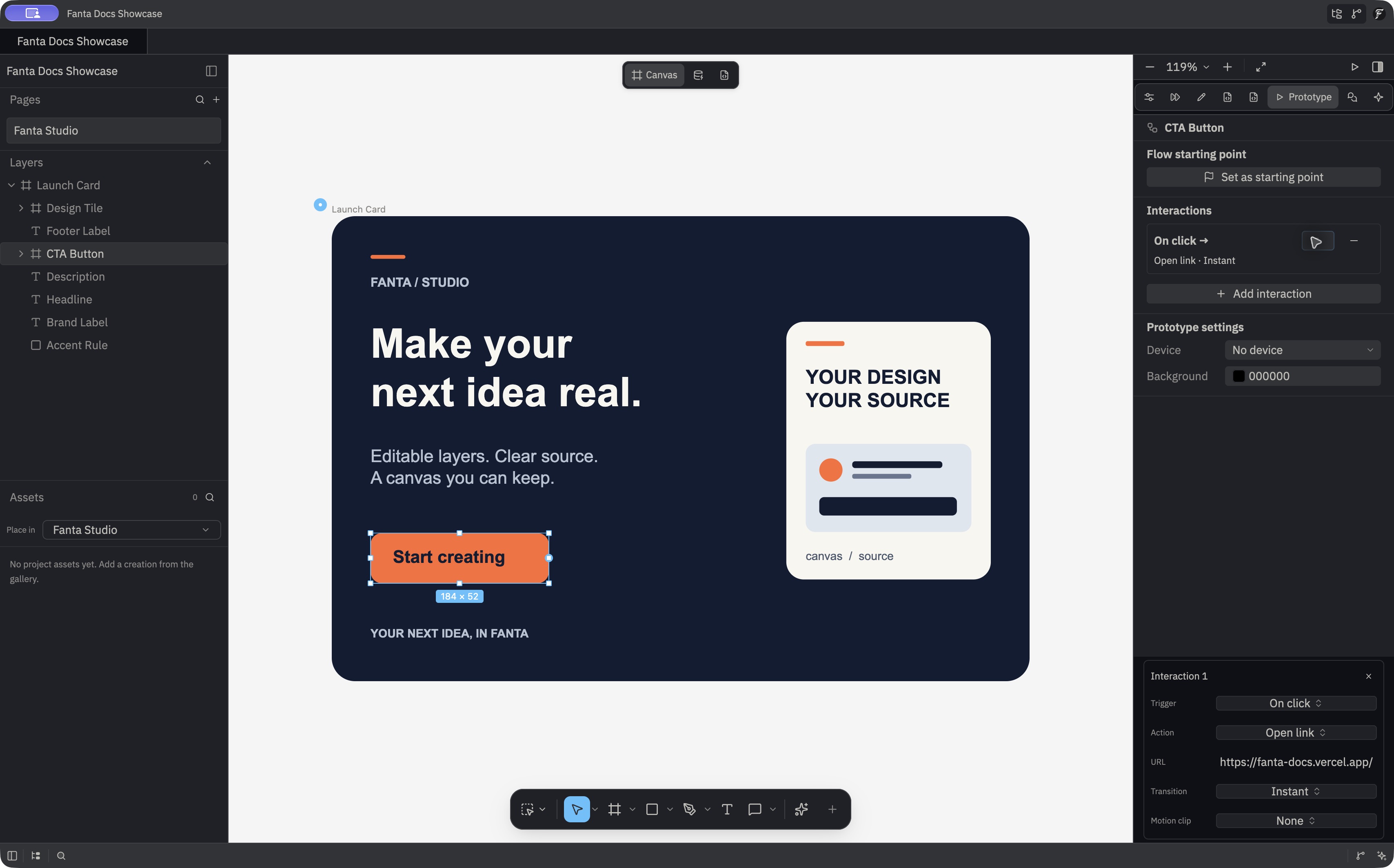The native Interaction 1 popup showing On click, Open link, https://fanta-docs.vercel.app/, Instant transition, and no motion clip.